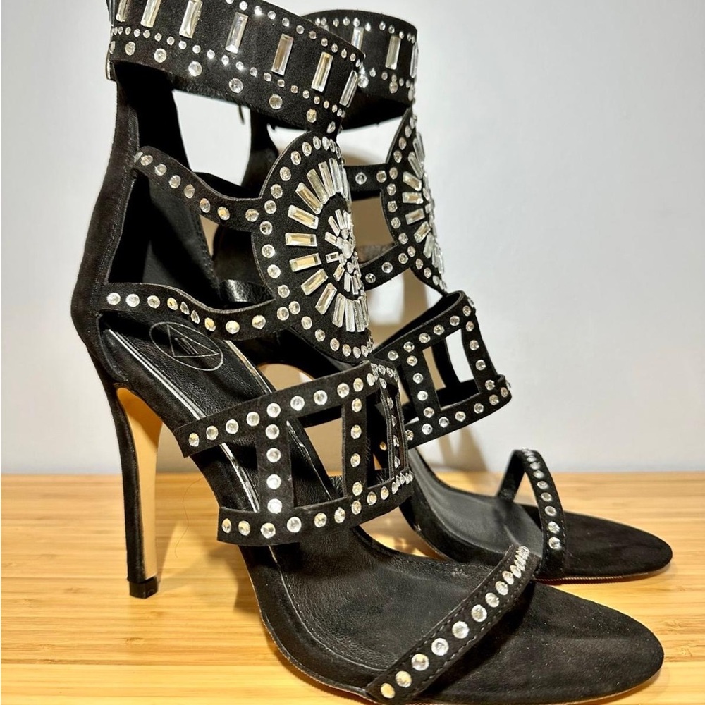 Black Stiletto Heels with Cutout Design and Rhinestones